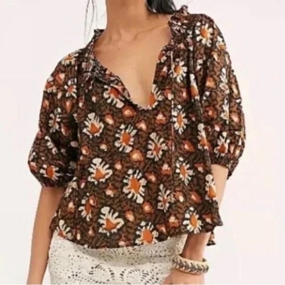 Free People  Willow Printed Blouse Brown Orange XS